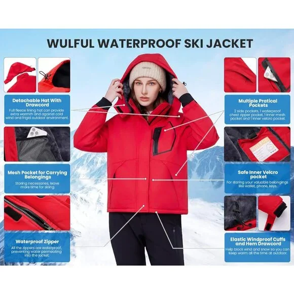 Women's Red Waterproof Ski Jacket Warm Winter Coats Windproof with Hood
